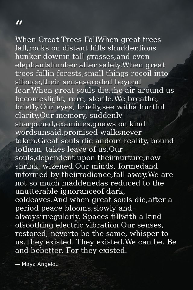 When Great Trees FallWhen great trees fall,rocks on distant hills shudder,lions hunker downin tall grasses,and even elep — Maya Angelou