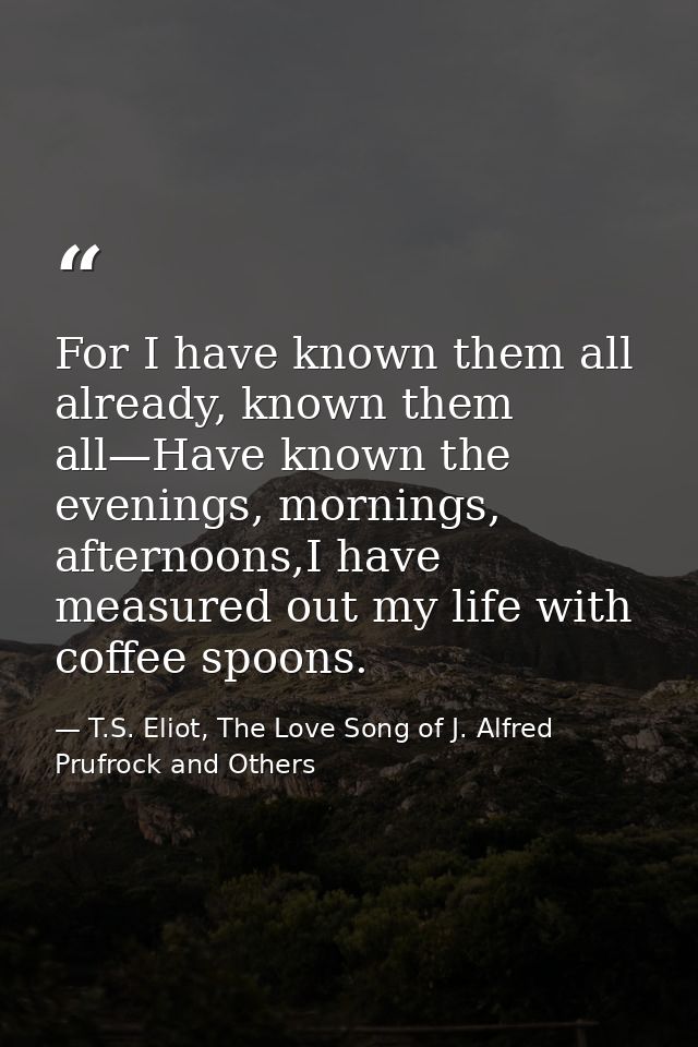 For I have known them all already, known them all—Have known the evenings, mornings, afternoons,I have measured out my l — T.S. Eliot, The Love Song of J. Alfred Prufrock and Others