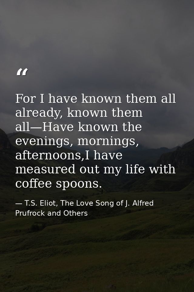 For I have known them all already, known them all—Have known the evenings, mornings, afternoons,I have measured out my l — T.S. Eliot, The Love Song of J. Alfred Prufrock and Others