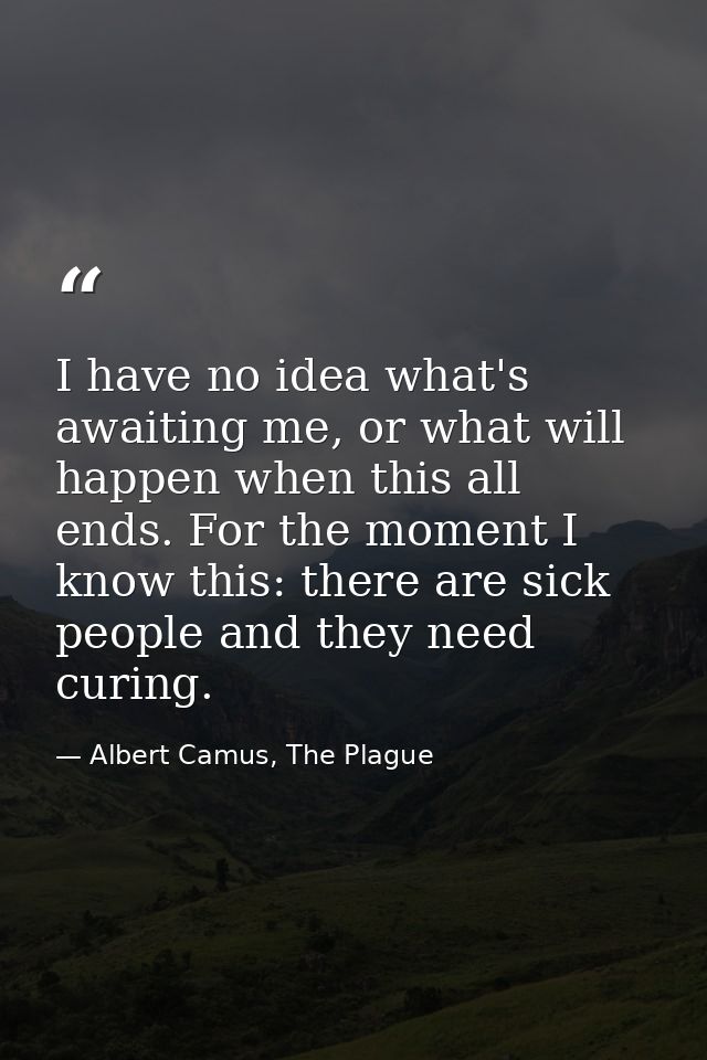 I have no idea what's awaiting me, or what will happen when this all ends. For the moment I know this: there are sick pe — Albert Camus, The Plague