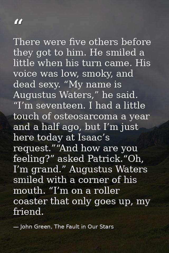 There were five others before they got to him. He smiled a little when his turn came. His voice was low, smoky, and dead — John Green, The Fault in Our Stars