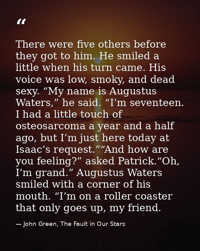 There were five others before they got to him. He smiled a little when his turn came. His voice was low, smoky, and dead — John Green, The Fault in Our Stars