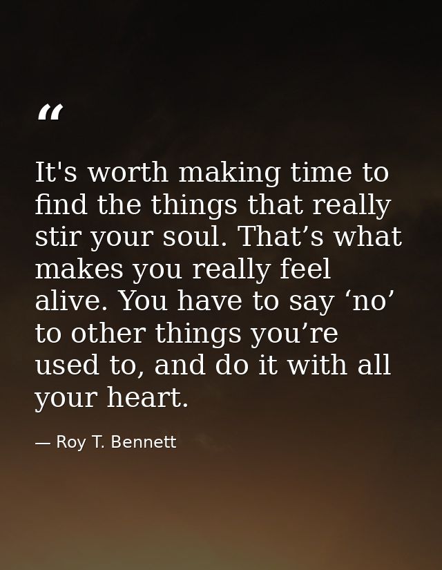 It's worth making time to find the things that really stir your soul. That’s what makes you really feel alive. You have  — Roy T. Bennett