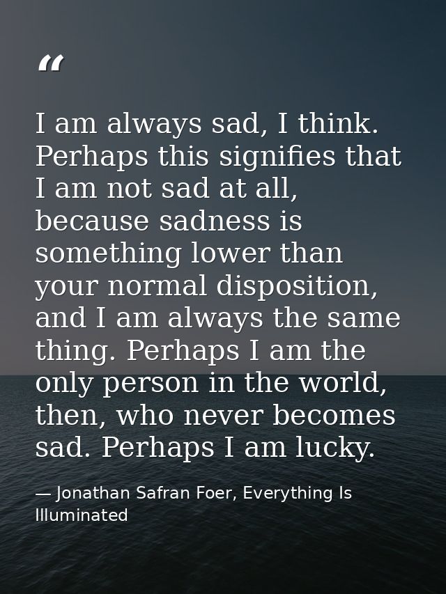 I am always sad, I think. Perhaps this signifies that I am not sad at all, because sadness is something lower than your  — Jonathan Safran Foer, Everything Is Illuminated
