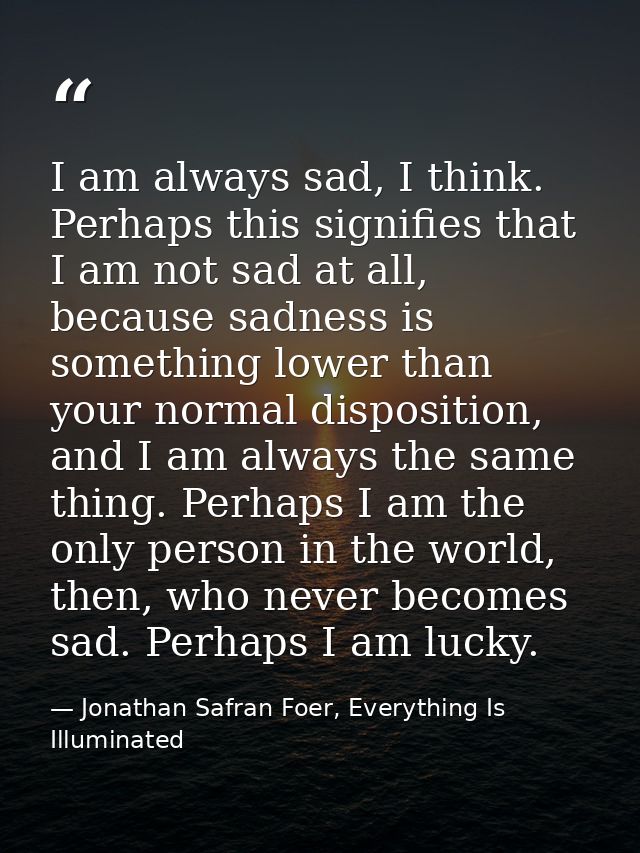 I am always sad, I think. Perhaps this signifies that I am not sad at all, because sadness is something lower than your  — Jonathan Safran Foer, Everything Is Illuminated