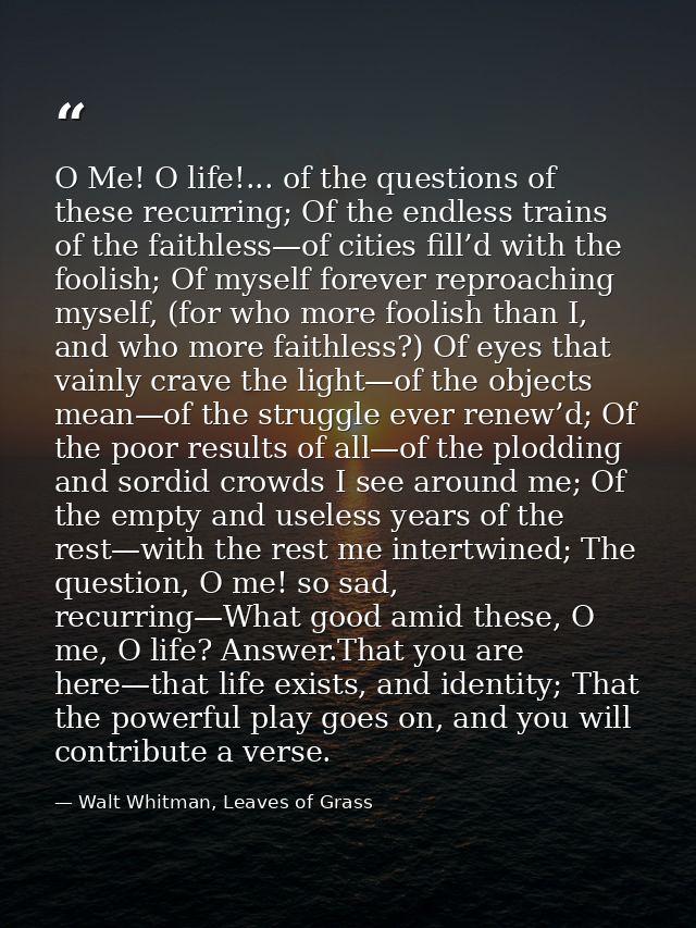 O Me! O life!... of the questions of these recurring; Of the endless trains of the faithless—of cities fill’d with the f — Walt Whitman, Leaves of Grass