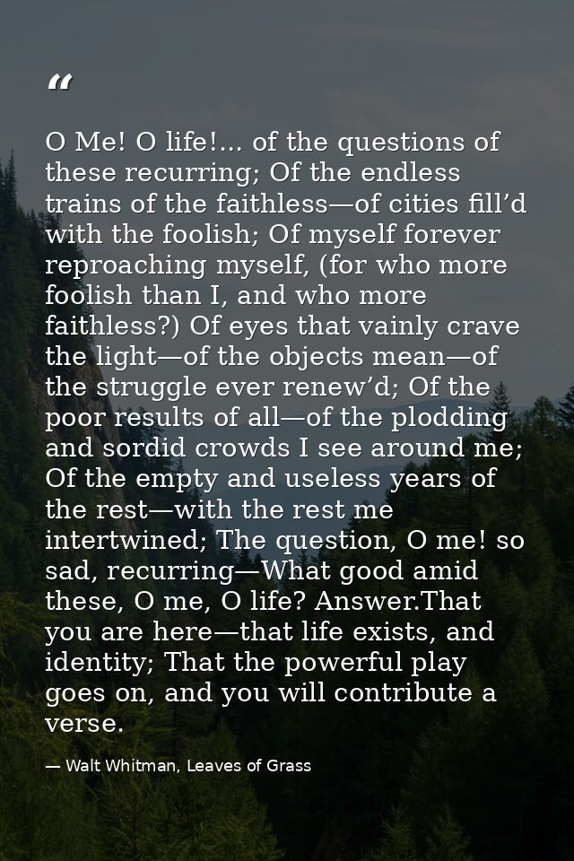 O Me! O life!... of the questions of these recurring; Of the endless trains of the faithless—of cities fill’d with the f — Walt Whitman, Leaves of Grass