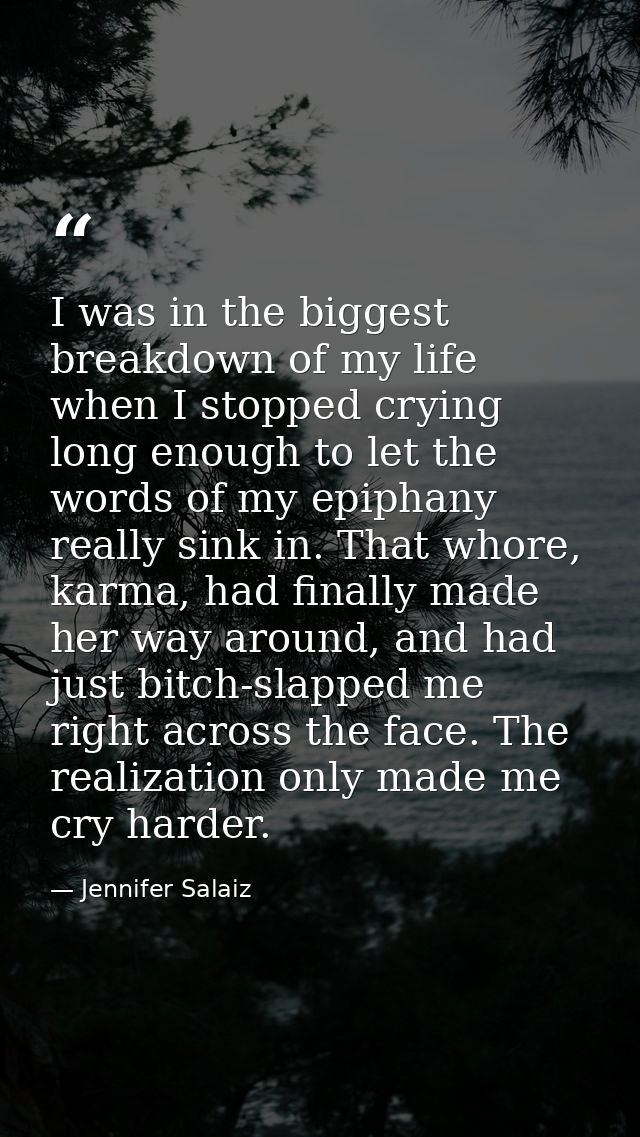 I was in the biggest breakdown of my life when I stopped crying long enough to let the words of my epiphany really sink  — Jennifer Salaiz