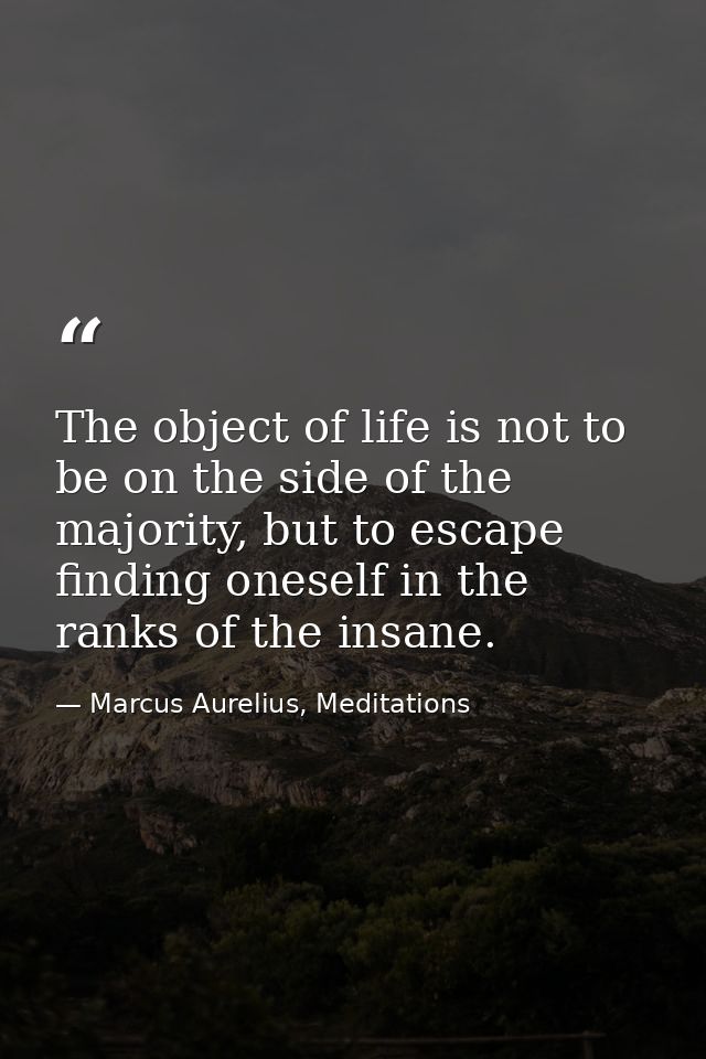 The object of life is not to be on the side of the majority, but to escape finding oneself in the ranks of the insane. — Marcus Aurelius, Meditations