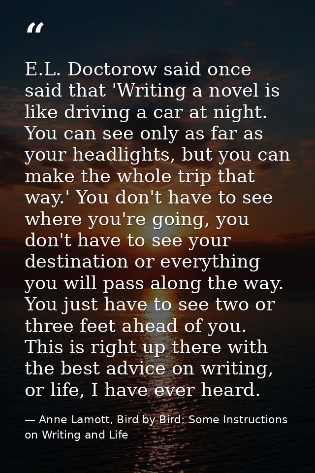 E.L. Doctorow said once said that 'Writing a novel is like driving a car at night. You can see only as far as your headl — Anne Lamott, Bird by Bird: Some Instructions on Writing and Life