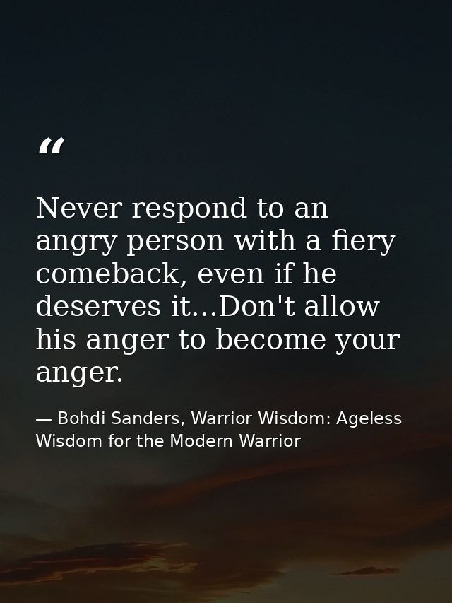 Never respond to an angry person with a fiery comeback, even if he deserves it...Don't allow his anger to become your an — Bohdi Sanders, Warrior Wisdom: Ageless Wisdom for the Modern Warrior