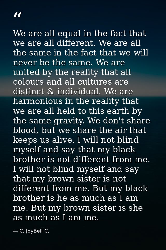 We are all equal in the fact that we are all different. We are all the same in the fact that we will never be the same.  — C. JoyBell C.