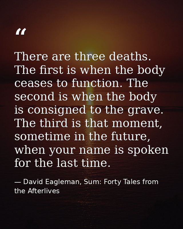 There are three deaths. The first is when the body ceases to function. The second is when the body is consigned to the g — David Eagleman, Sum: Forty Tales from the Afterlives