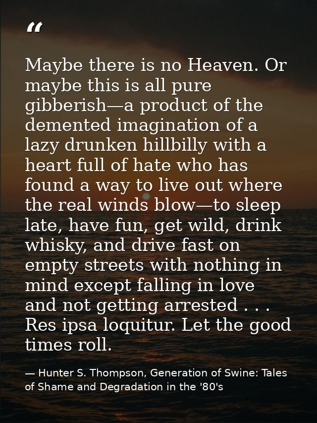 Maybe there is no Heaven. Or maybe this is all pure gibberish—a product of the demented imagination of a lazy drunken hi — Hunter S. Thompson, Generation of Swine: Tales of Shame and Degradation in the '80's