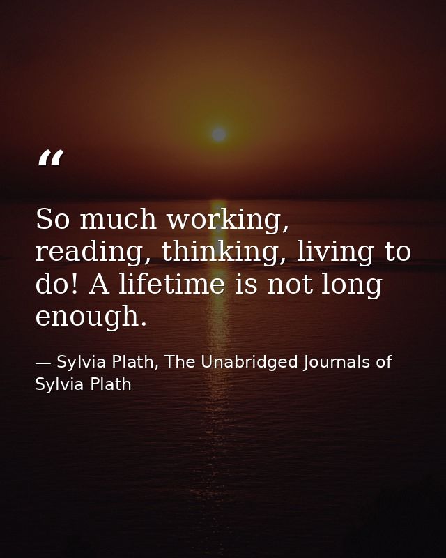 So much working, reading, thinking, living to do! A lifetime is not long enough. — Sylvia Plath, The Unabridged Journals of Sylvia Plath