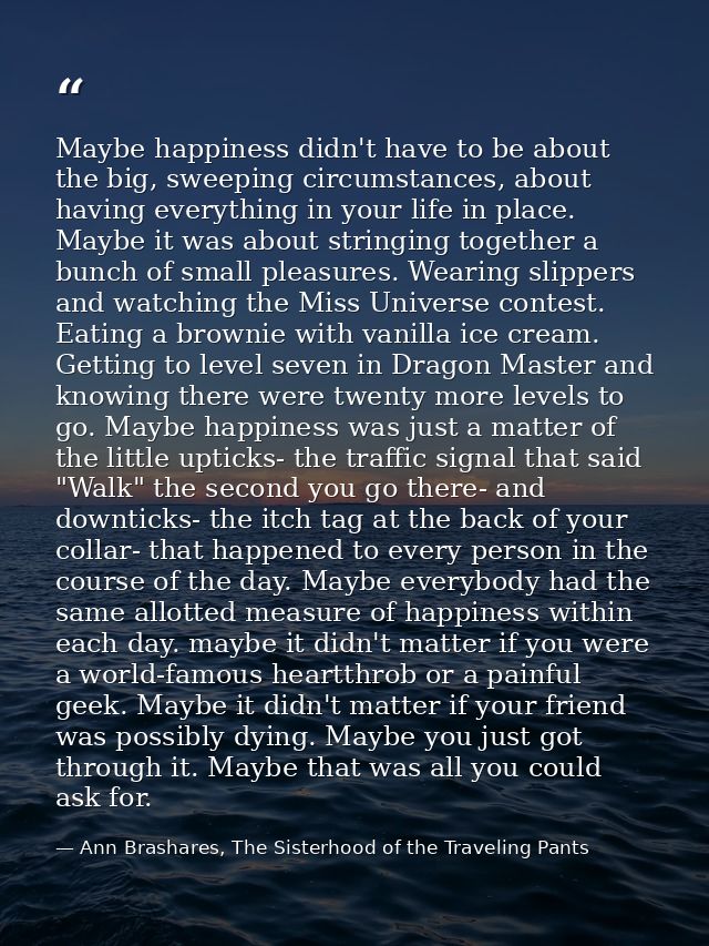 Maybe happiness didn't have to be about the big, sweeping circumstances, about having everything in your life in place.  — Ann Brashares, The Sisterhood of the Traveling Pants