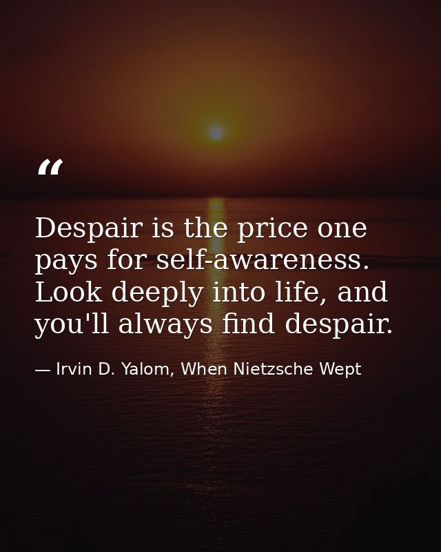 Despair is the price one pays for self-awareness. Look deeply into life, and you'll always find despair. — Irvin D. Yalom, When Nietzsche Wept