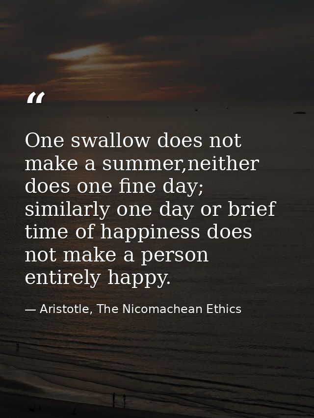 One swallow does not make a summer,neither does one fine day; similarly one day or brief time of happiness does not make — Aristotle, The Nicomachean Ethics