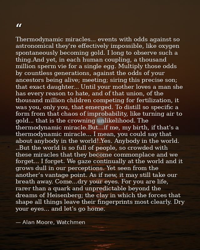Thermodynamic miracles... events with odds against so astronomical they're effectively impossible, like oxygen spontaneo — Alan Moore, Watchmen