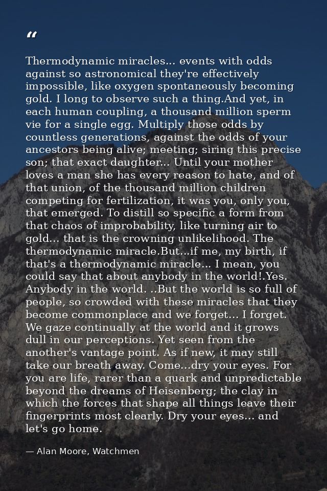 Thermodynamic miracles... events with odds against so astronomical they're effectively impossible, like oxygen spontaneo — Alan Moore, Watchmen