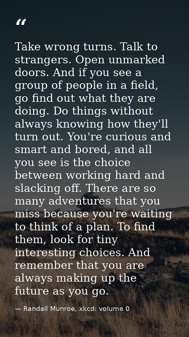 Take wrong turns. Talk to strangers. Open unmarked doors. And if you see a group of people in a field, go find out what  — Randall Munroe, xkcd: volume 0