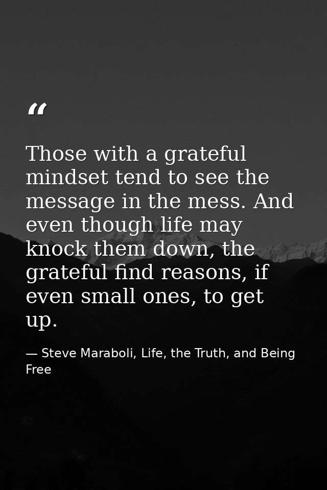 Those with a grateful mindset tend to see the message in the mess. And even though life may knock them down, the gratefu — Steve Maraboli, Life, the Truth, and Being Free