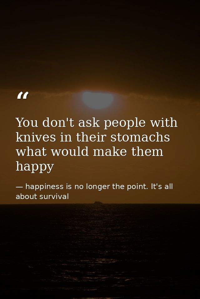 You don't ask people with knives in their stomachs what would make them happy — happiness is no longer the point. It's all about survival