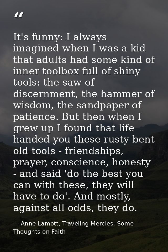 It's funny: I always imagined when I was a kid that adults had some kind of inner toolbox full of shiny tools: the saw o — Anne Lamott, Traveling Mercies: Some Thoughts on Faith