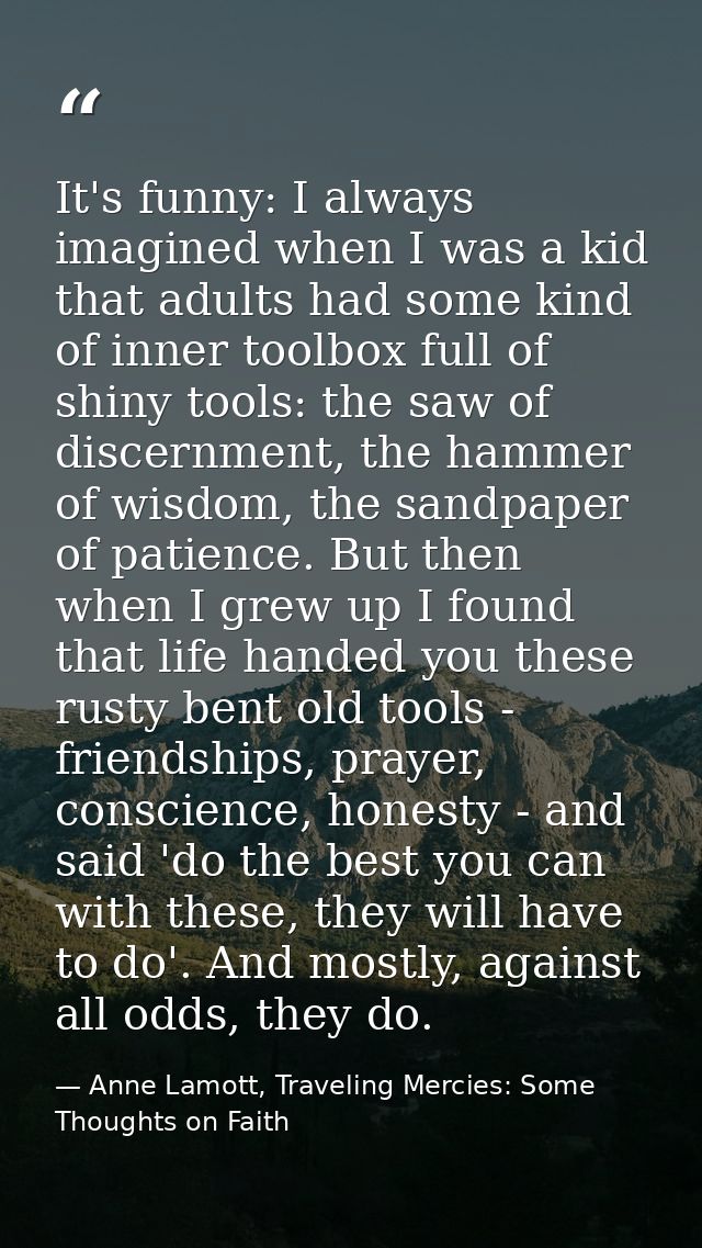 It's funny: I always imagined when I was a kid that adults had some kind of inner toolbox full of shiny tools: the saw o — Anne Lamott, Traveling Mercies: Some Thoughts on Faith