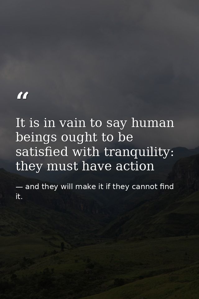 It is in vain to say human beings ought to be satisfied with tranquility: they must have action — and they will make it if they cannot find it.