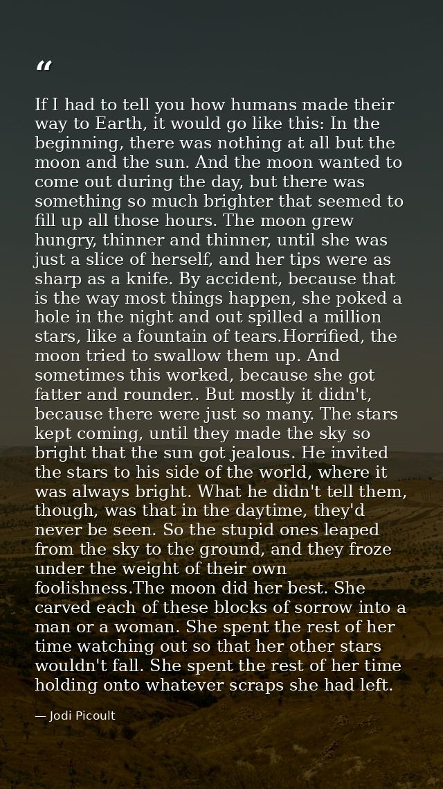 If I had to tell you how humans made their way to Earth, it would go like this: In the beginning, there was nothing at a — Jodi Picoult
