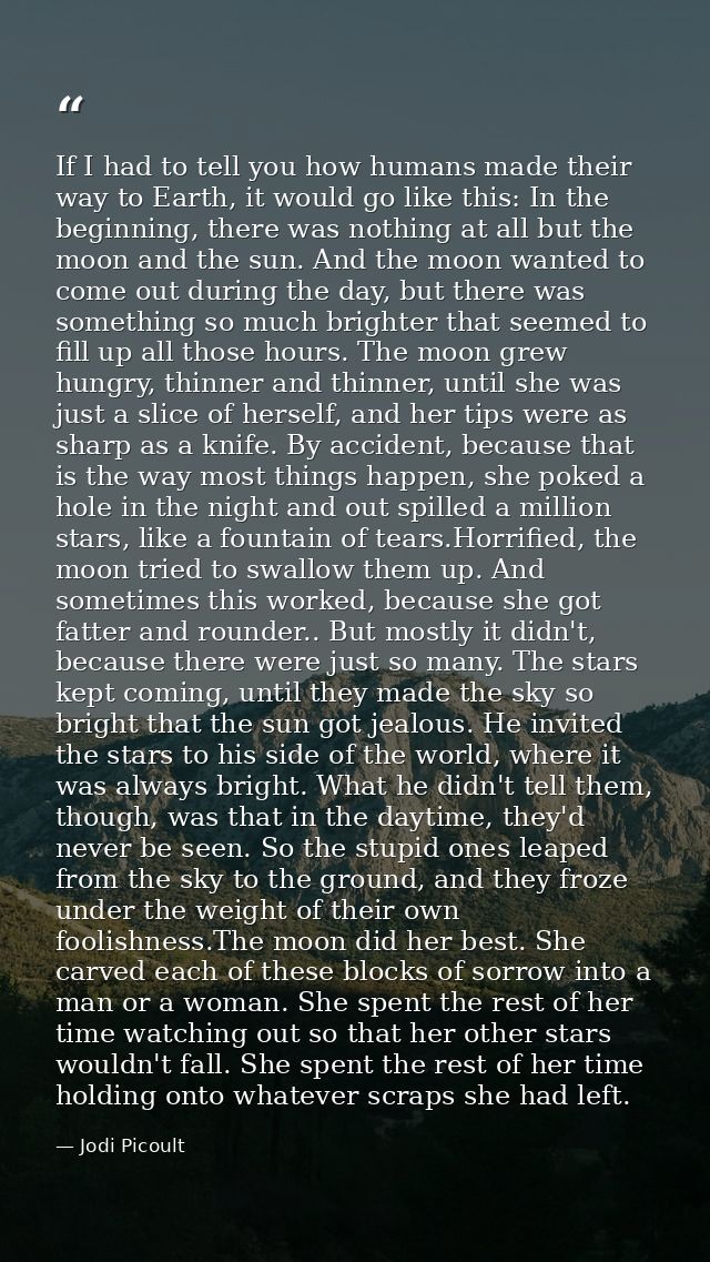 If I had to tell you how humans made their way to Earth, it would go like this: In the beginning, there was nothing at a — Jodi Picoult