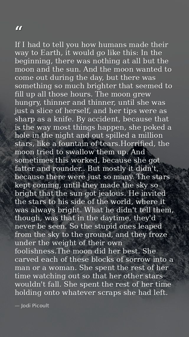 If I had to tell you how humans made their way to Earth, it would go like this: In the beginning, there was nothing at a — Jodi Picoult