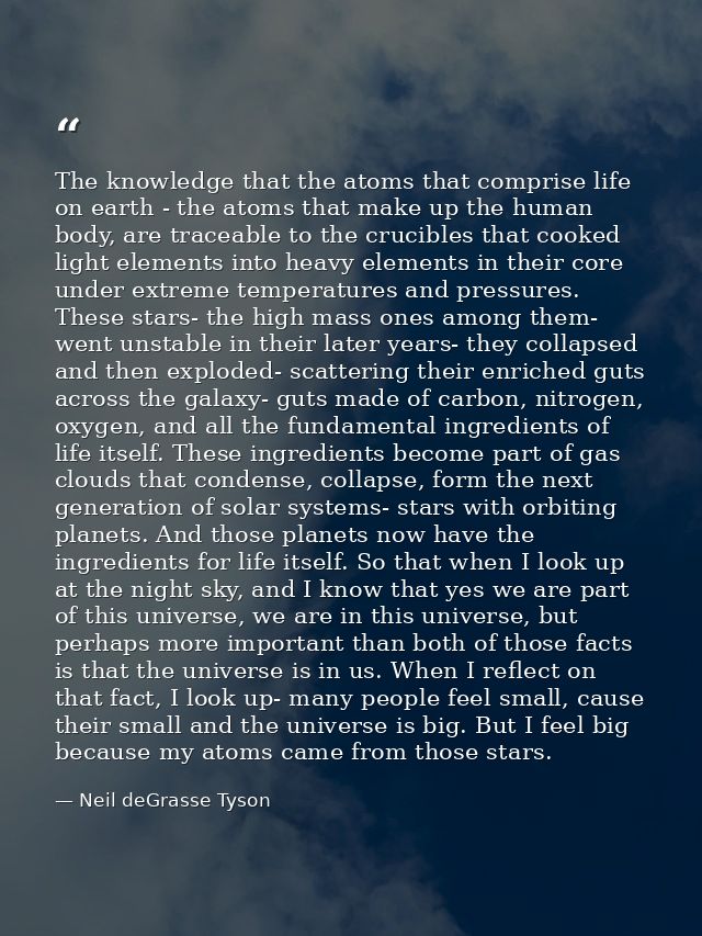 The knowledge that the atoms that comprise life on earth - the atoms that make up the human body, are traceable to the c — Neil deGrasse Tyson
