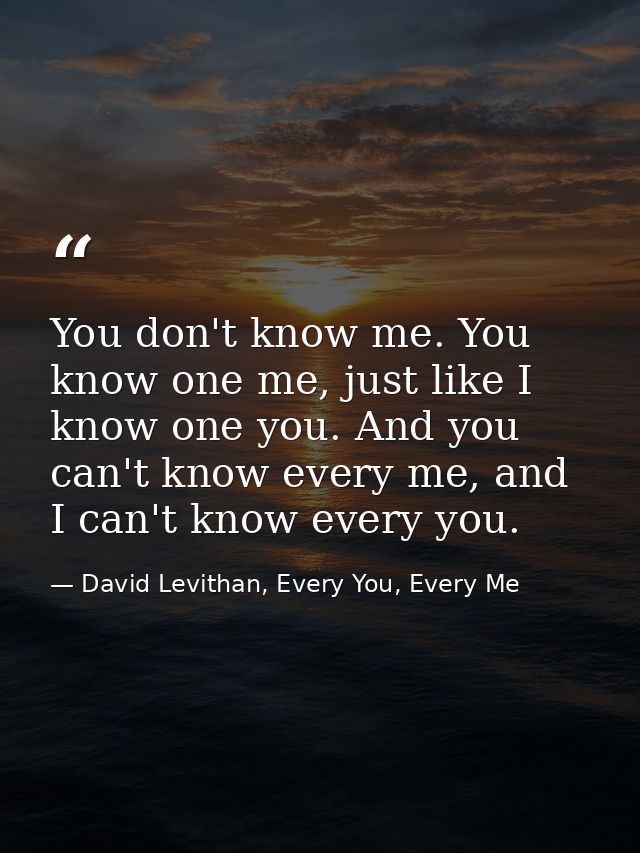 You don't know me. You know one me, just like I know one you. And you can't know every me, and I can't know every you. — David Levithan, Every You, Every Me