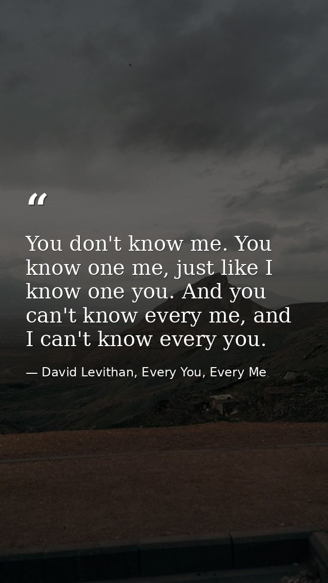 You don't know me. You know one me, just like I know one you. And you can't know every me, and I can't know every you. — David Levithan, Every You, Every Me