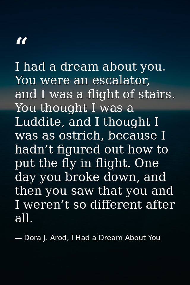 I had a dream about you. You were an escalator, and I was a flight of stairs. You thought I was a Luddite, and I thought — Dora J. Arod, I Had a Dream About You