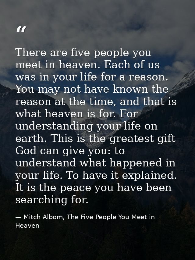 There are five people you meet in heaven. Each of us was in your life for a reason. You may not have known the reason at — Mitch Albom, The Five People You Meet in Heaven