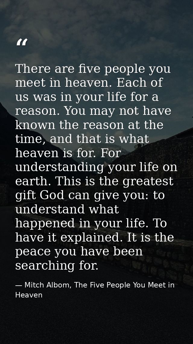 There are five people you meet in heaven. Each of us was in your life for a reason. You may not have known the reason at — Mitch Albom, The Five People You Meet in Heaven