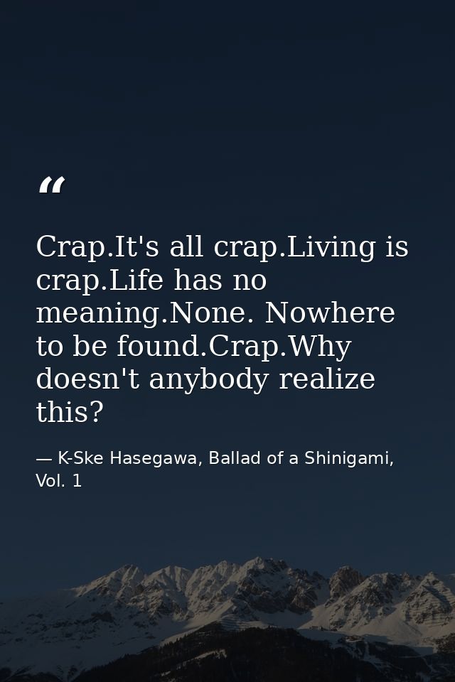 Crap.It's all crap.Living is crap.Life has no meaning.None. Nowhere to be found.Crap.Why doesn't anybody realize this? — K-Ske Hasegawa, Ballad of a Shinigami, Vol. 1