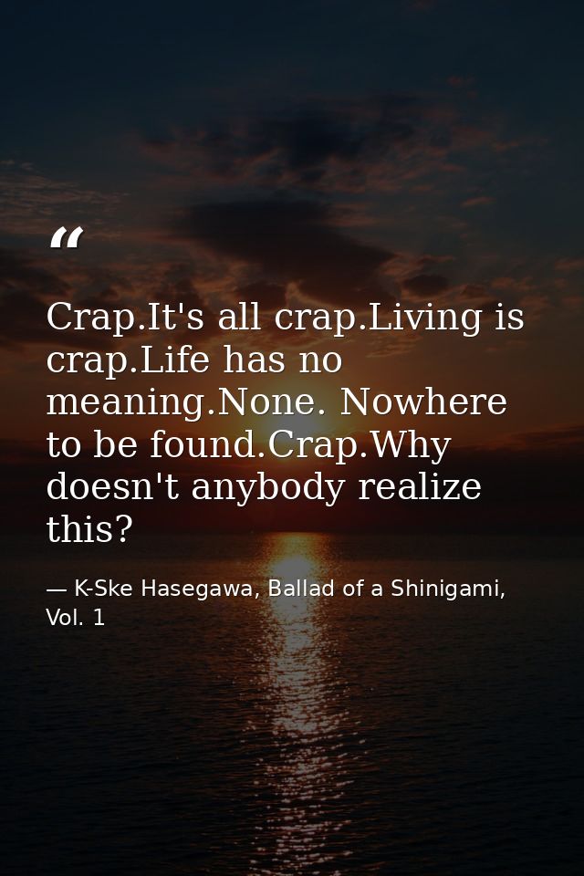 Crap.It's all crap.Living is crap.Life has no meaning.None. Nowhere to be found.Crap.Why doesn't anybody realize this? — K-Ske Hasegawa, Ballad of a Shinigami, Vol. 1