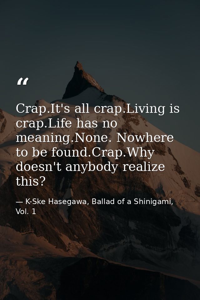 Crap.It's all crap.Living is crap.Life has no meaning.None. Nowhere to be found.Crap.Why doesn't anybody realize this? — K-Ske Hasegawa, Ballad of a Shinigami, Vol. 1