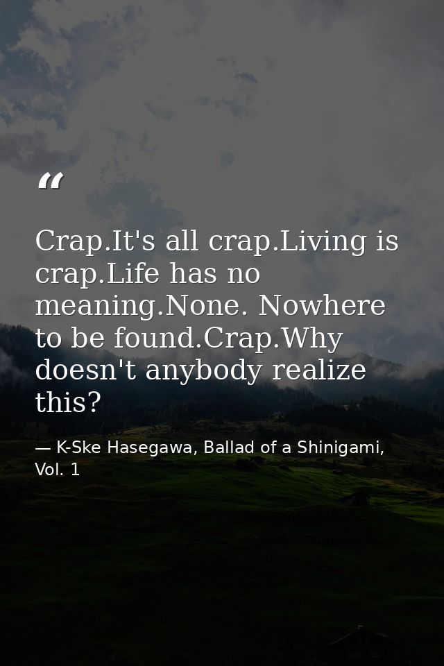 Crap.It's all crap.Living is crap.Life has no meaning.None. Nowhere to be found.Crap.Why doesn't anybody realize this? — K-Ske Hasegawa, Ballad of a Shinigami, Vol. 1