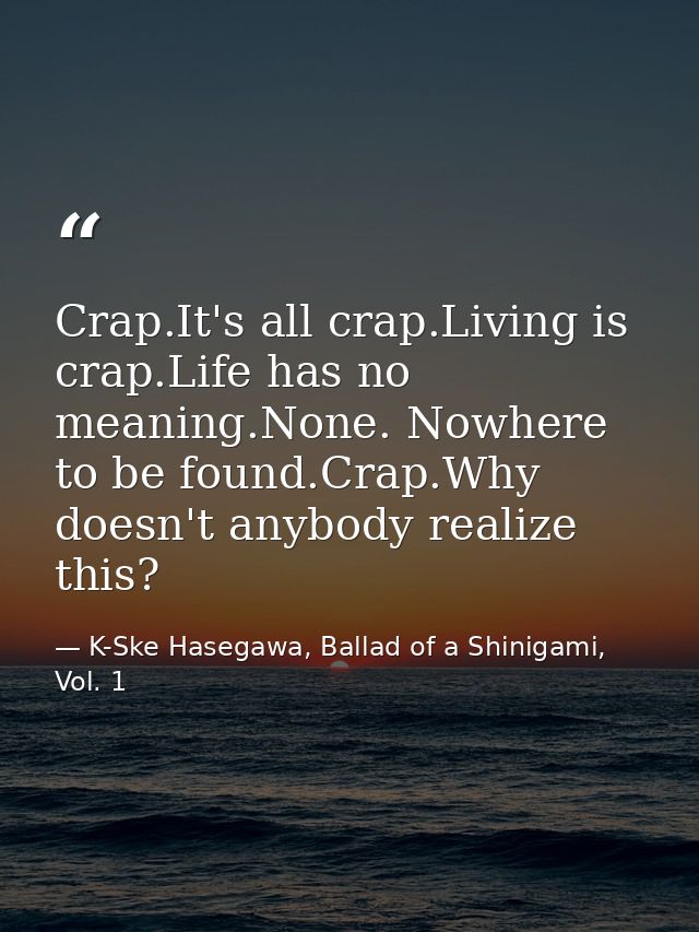 Crap.It's all crap.Living is crap.Life has no meaning.None. Nowhere to be found.Crap.Why doesn't anybody realize this? — K-Ske Hasegawa, Ballad of a Shinigami, Vol. 1