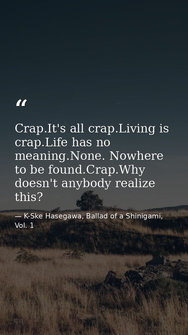 Crap.It's all crap.Living is crap.Life has no meaning.None. Nowhere to be found.Crap.Why doesn't anybody realize this? — K-Ske Hasegawa, Ballad of a Shinigami, Vol. 1