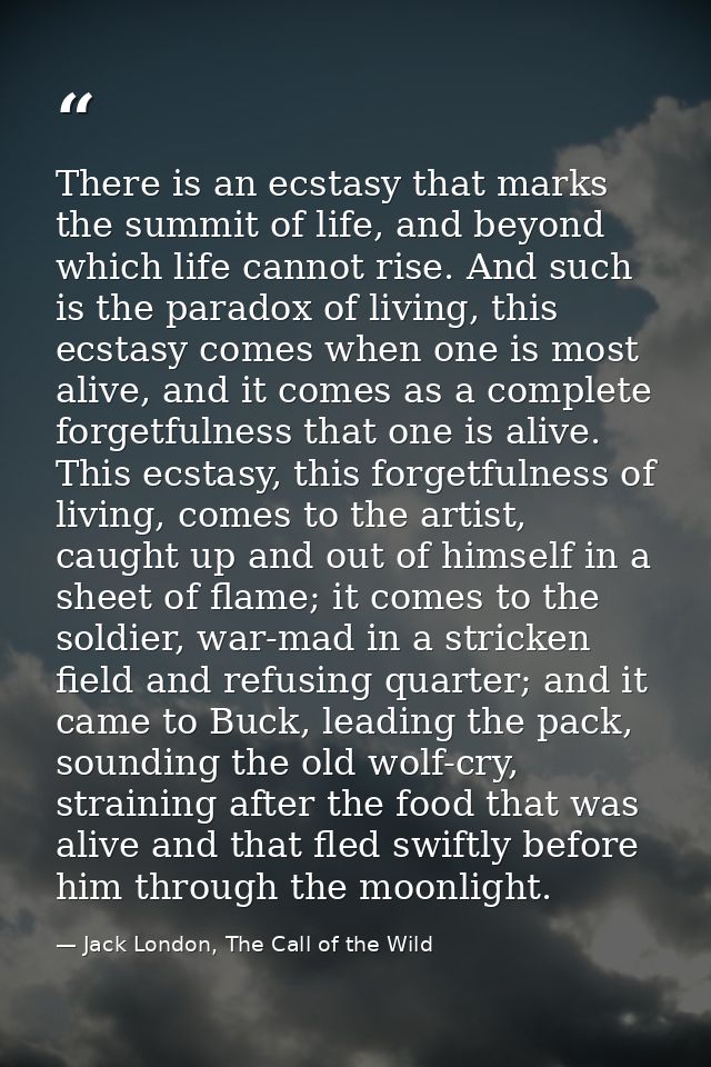 There is an ecstasy that marks the summit of life, and beyond which life cannot rise. And such is the paradox of living, — Jack London, The Call of the Wild
