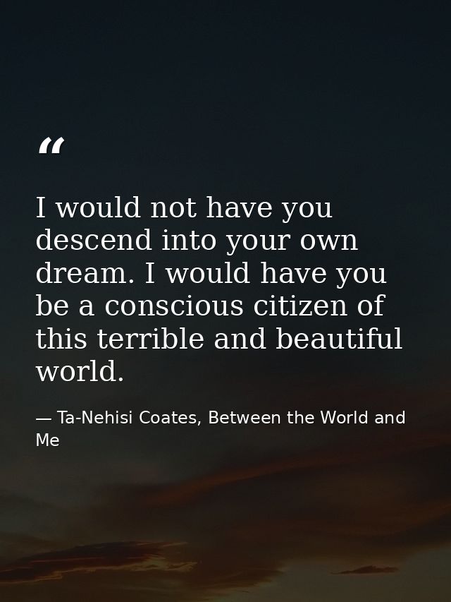 I would not have you descend into your own dream. I would have you be a conscious citizen of this terrible and beautiful — Ta-Nehisi Coates, Between the World and Me