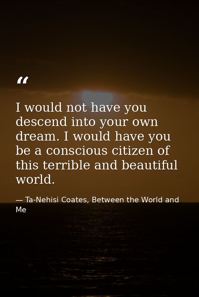 I would not have you descend into your own dream. I would have you be a conscious citizen of this terrible and beautiful — Ta-Nehisi Coates, Between the World and Me