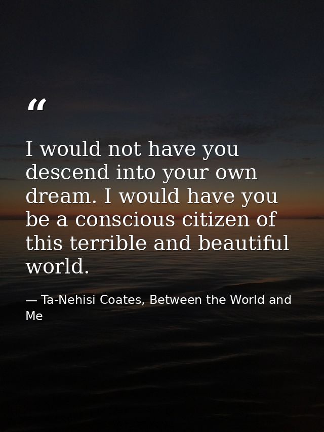 I would not have you descend into your own dream. I would have you be a conscious citizen of this terrible and beautiful — Ta-Nehisi Coates, Between the World and Me