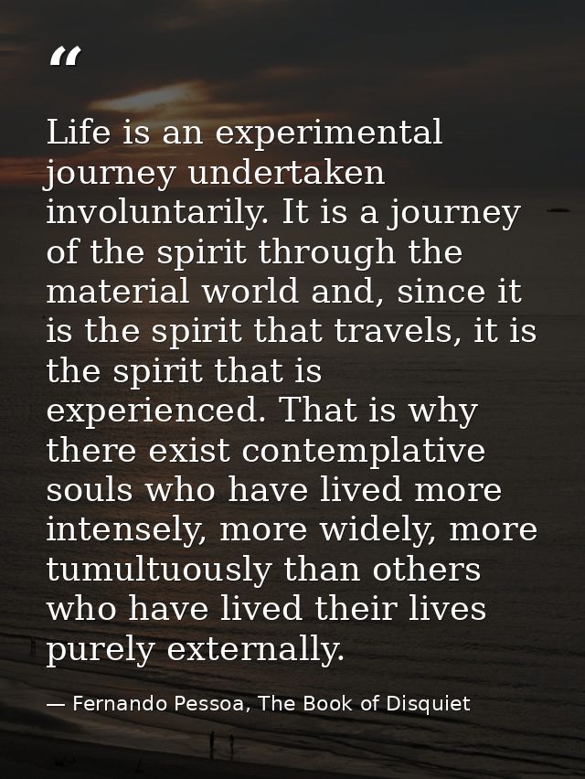 Life is an experimental journey undertaken involuntarily. It is a journey of the spirit through the material world and,  — Fernando Pessoa, The Book of Disquiet
